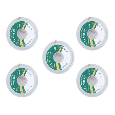 5 Piece Solder Wick Set For Electronics Repair, Alloy Copper Desoldering Braid In 1.5mm To 3.5mm Widths displayed in a circular pattern