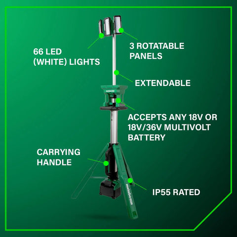 18V Cordless Tripod Work Light With 4000 Lumens Of Beast Bright LED Power 66 LEDs Across 3 Rotatable Panels Water And Dust Resistant Up To Sixteen Point Eight Hour Run Time Tool Body Only UB18DGQ4 showing extendable tripod and carrying handle with features labeled