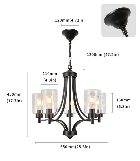 Contemporary Black 5 Light Glass Chandelier For Dining Room And Kitchen Island Farmhouse Style with dimensions labeled.