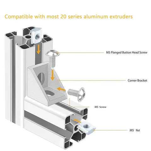 Illustration of 10 Set Aluminum Corner Brackets 90 Degree Right Angle L Connectors with T Slot M5 Bolts Nuts for 2020 Series