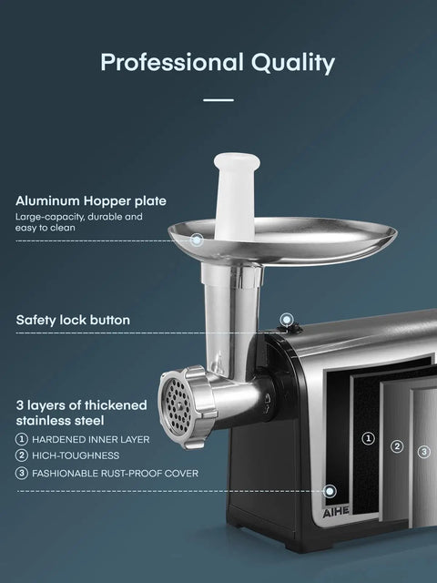 Heavy Duty Electric Meat Grinder With Sausage Stuffer Kit 3200W Peak with aluminum hopper and stainless steel features