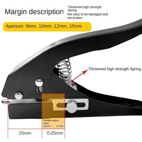Heavy Duty 8mm Circle Hole Punch Hand Held Paper Punch, black metal tool with high strength spring and adjustable aperture sizes.