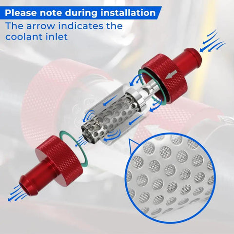 Five Eighth Inch Universal Inline Heater Core Coolant Filter Red With Stainless Cartridge And Glass Housing