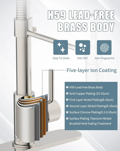 Stainless Steel Kitchen Faucet Set With Pull Down Sprayer And Soap Dispenser No Fuss Commercial Grade with five-layer ion coating