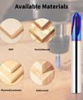 Front view of EANOSIC 90-degree V-bit, 1/4 inch shank, blue nano-coated carbide router bit for wood engraving.