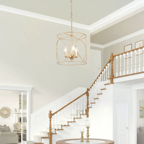 Gold Pendant Light With Cylindrical Lattice Cage Frame And Spherical Center Three Gold Candelabra Arms Bold Modern Farmhouse Vibe For Kitchen Island And Dining Room 13 Inch By 13 Inch By 14 Inch hanging in a bright entryway.