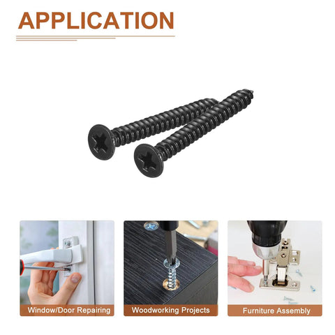 100 Pack Of Badass Black Flat Head Wood Screws Heavy Duty Self Tapping Fasteners In Four By One Inch Size Made From Tough 304 Stainless Steel used in woodworking projects.
