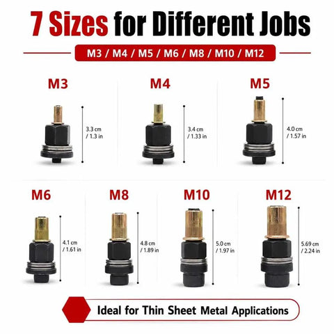 Rivet Nut Tool Set And Mandrel Kit, 77-Piece M3-M12 Metric Assortment For Quick, Heavy-Duty Auto And DIY Repairs, Durable Carbon Steel Build With Wide Range Of Rivet Nuts And Mandrels For Easy Mounting showing M3-M12 mandrels for thin sheet metal