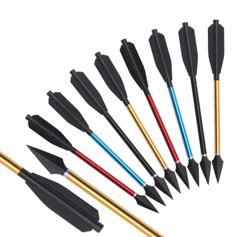 12 Piece Aluminum Crossbow Bolts With Removable Broadheads For Outdoor Shooting And Training Durable Archery Arrows shown in various colors