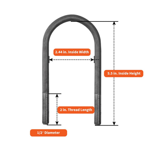 Trailer U Bolt Kit for 3500 Lb Round Axle, 2 3/8 Inch Beam, showing 1/2 inch diameter, 5.5 inch height, 2 inch thread length