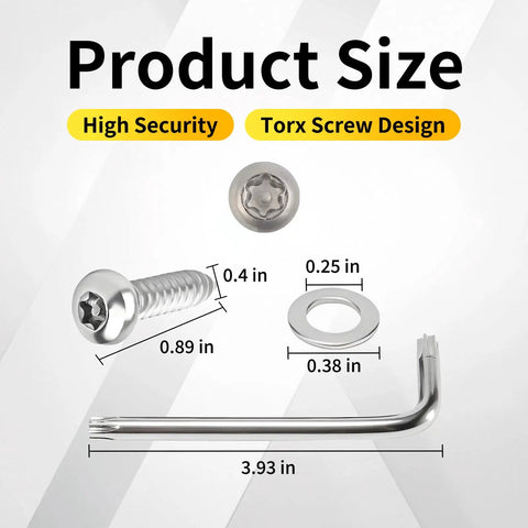 Lock Down Your Rig With Premium Tamper Proof Anti Theft License Plate Screws And Tail Light Bolts For Ford F150 F250 F350 F450 Raptor showing torque screw and washer dimensions.
