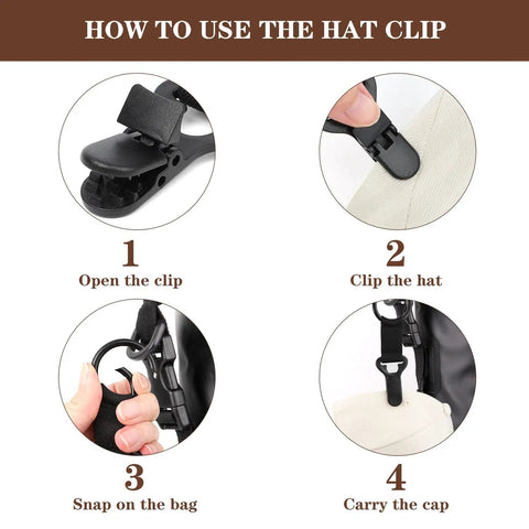 Steps to use Hat Clip Travel Accessory 2 Pack For Luggage Bags Backpacks Hands Free Secure Hat Holder Keeps Hats Shaped