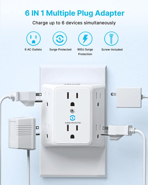 Two Prong To Three Prong Outlet Adapter With Six Outlet Extender Three Sided Power Converter That Grounds Polarized Outlets In Older Homes So You Can Power Up Six Devices At Once. White 6-outlet wall adapter with surge protection