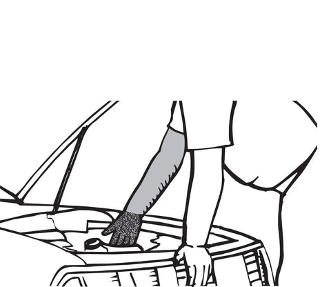 Person using Badass Kevlar Heat Resistant Arm Glove 24 Inch Burn Shield while working on engine under the hood of a vehicle.