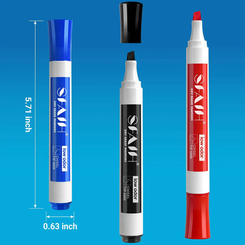 Three chisel tip dry erase markers with magnetic whiteboard eraser 36 bulk pack in four colors for teachers and office use