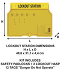1482BP410 Covered Lockout Tagout Station Yellow Polycarbonate Cabinet with dimensions and components list visible