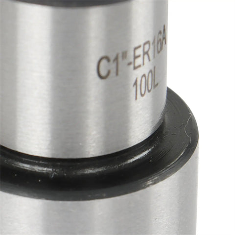 Close-up of the Go To Straight Shank Tool Holder Collet Chuck ER16 100L, engraved details on DN65 carbon steel for CNC machining centers.