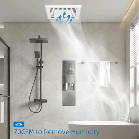 Ultra Quiet Bathroom Exhaust Fan 70 CFM 2.0 Sone With LED Light 4000K 600 Lumens installed in a modern bathroom ceiling