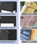 Comparison of a black raised garden bed with drainage hole waterproof HDPE elevated planter box with legs next to cracked, rotting, and rusting alternatives.