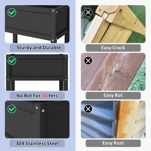 Comparison of a black raised garden bed with drainage hole waterproof HDPE elevated planter box with legs next to cracked, rotting, and rusting alternatives.