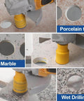 Two-piece HIGHDRIL diamond core drill bits, 1/4" (6 mm) shank with 5/8-11 thread, shown drilling porcelain tile and marble.