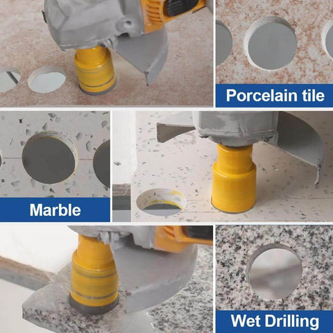 Two-piece HIGHDRIL diamond core drill bits, 1/4" (6 mm) shank with 5/8-11 thread, shown drilling porcelain tile and marble.