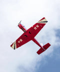 Underside view of CJ6 V2 1200mm RC Airplane For Adults 6 Channel PNP Foam Aerobatic Plane in red Nanchang CJ-6 livery with LED lights.