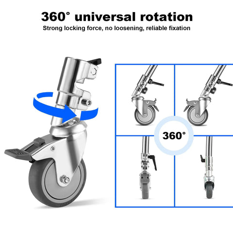 Swivel Caster Wheels Set For C Stand 25mm Legs Compatible With Takerers Neewer And Other 25mm C Stand Bases For Studio Photography And Video Shooting 3 Pack Designed To Roll Fully Loaded Stands Without Disassembly For Faster Setup And Improved Efficiency displayed in various angles with 360-degree rotation feature