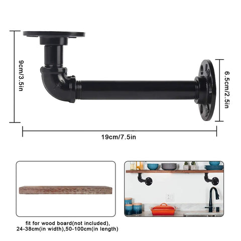 Industrial Pipe Shelf Brackets Set Of 6 Black Malleable Iron For DIY Floating Shelves with dimensions and wall mount display
