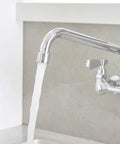Wall Mount Kitchen Faucet With 12 Inch Gooseneck Swivel Spout 8-Inch Center Two-Handle Commercial Sink Mixer In Polished Chrome