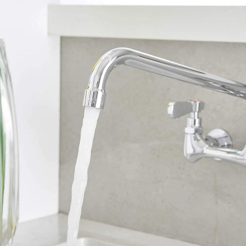 Wall Mount Kitchen Faucet With 12 Inch Gooseneck Swivel Spout 8-Inch Center Two-Handle Commercial Sink Mixer In Polished Chrome