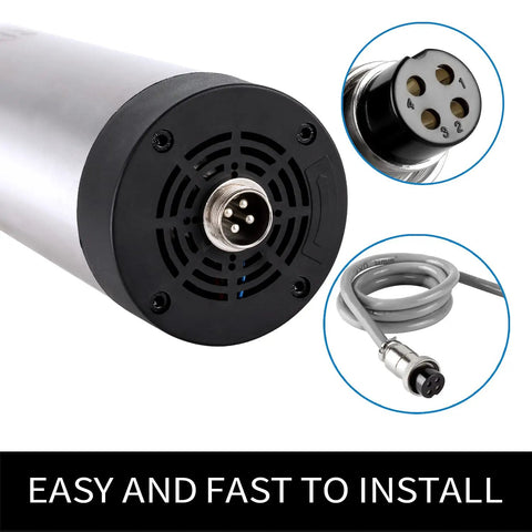 All-In-One 1.5KW Air Cooled Pro Grade CNC Spindle Kit With 110V VFD 65mm Clamp Mount ER11 Collets 1mm To 7mm Shielded 18AWG Wire Power Cable And Wrenches For CNC Router Machine, showing spindle connector and power cord