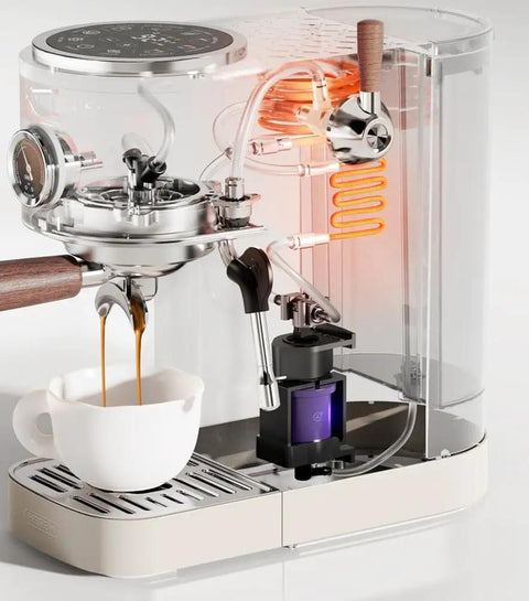 Close-up of Slick Dual Boiler Semi Automatic Espresso Machine With Built In Grinder And Cold Brew Function 20 Bar Pressure 2100 Watt Motor making espresso.