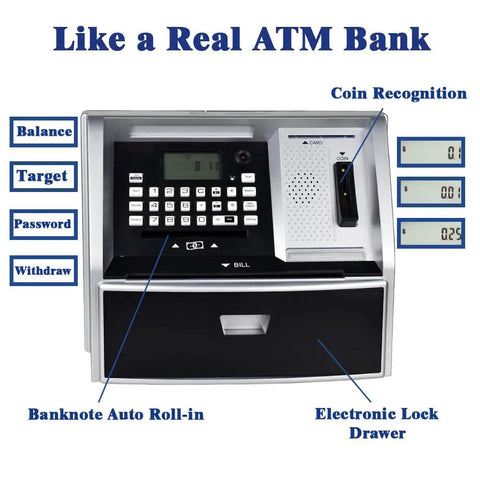 Kid Friendly ATM Piggy Bank With Electronic Coin Counter Card And Password Mini ATM Machine For Kids Educational Savings Toy With Goal Tracker