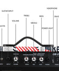 Front panel of 20W Portable Electric Bass Guitar Amplifier for Beginners with labeled controls and headphone jack.