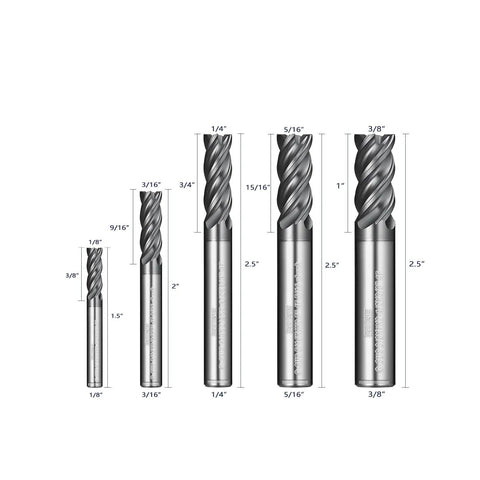 Beefy Pro Grade Carbide Square End Mill Set With TiAlN Coating For Stainless Steel And High Temp Alloys, 5-piece 4 flute CNC milling cutters.