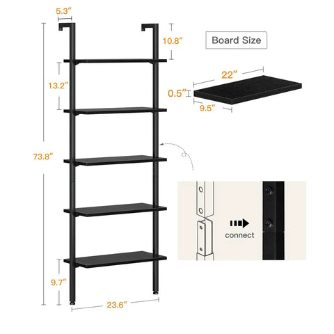 Game Changer 5 Tier Ladder Shelf With Heavy Duty Metal Frame Total Space Saver Bookcase Wall Mounted Organizer Rack For Living Room Easy Assemble In Matte Black 74 Inches High