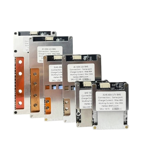 Heavy Duty 3S 4S Lithium Ion Battery Management System And Balancing PCB showcasing multiple sizes and specifications on circuit boards.