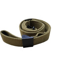 Rolled OD green two point canvas rifle sling in US GI pattern with one and a quarter inch swivels, 48 inch length, on white background.