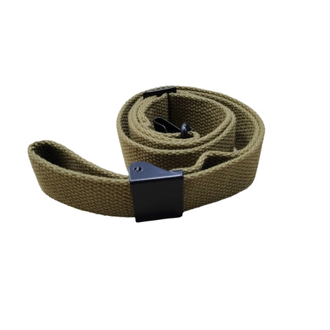 Rolled OD green two point canvas rifle sling in US GI pattern with one and a quarter inch swivels, 48 inch length, on white background.