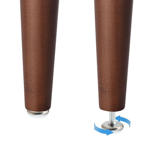 Close-up of adjustable M6 furniture levelers on wood legs, demonstrating twist-on design in 36 Piece Kit to stabilize items.
