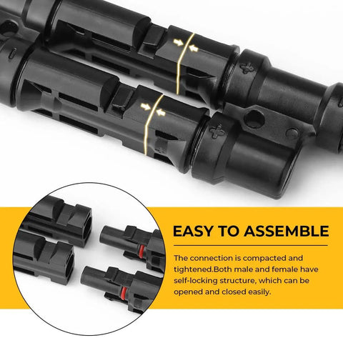 Heavy Duty Solar Y Branch Connector Kit For Paralleling Panels M To FF And F To MM with easy assembly features.