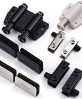 Up And Down Shaft Glass Door Hinge For Cabinets And Furniture, silvery finish, adjustable fittings, various metal components.