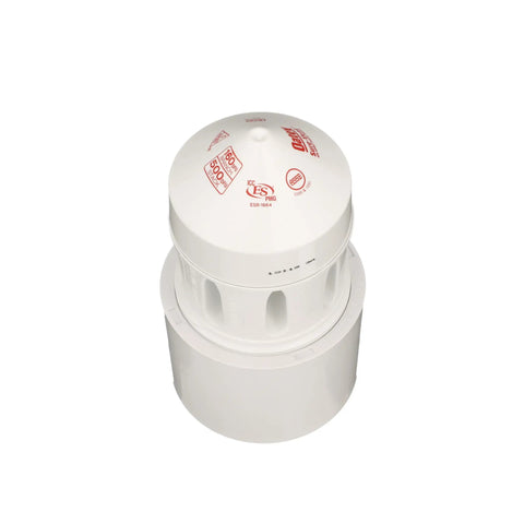 500 DFU Stack Air Admittance Valve Adapter For PVC Schedule 40 Straight Vent 3 To 4 Inch 160 Branch Black White Finish ASSE 1050 1051 Compliant DIY Friendly DWV Plumbing. Visible: White and black air admittance valve adapter.