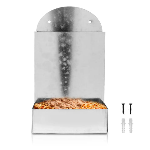 Hella Durable Galvanized Steel Chicken Oyster Shell And Poultry Grit Feeder With Roomy Dual Chamber Auto Fill Dispenser showing filled chamber.