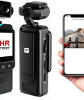 Body Mounted Action Camera For Vlogging With WiFi Night Vision And Stabilization 2.5K Video Rotating 360 Degree Lens next to smartphone