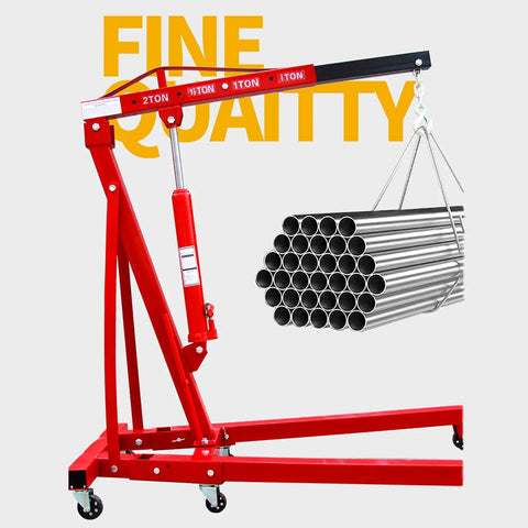 Heavy Duty 2 Ton Hydraulic Engine Hoist Cherry Picker Shop Crane With Telescopic Boom and Dual Wheel Casters lifting steel pipes.
