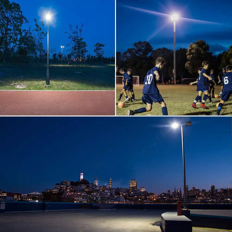 Bright 100W Led Parking Lot Light With Dusk To Dawn Photocell illuminating fields and parking areas at night, 15,000 Lumen, 5000K Daylight
