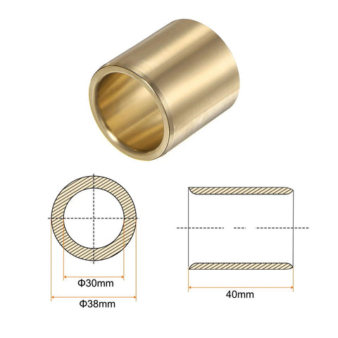 Tough As Nails 2 Pack Solid Brass Sleeve Bearings 30mm X 38mm X 40mm Oilless Bushings displayed with dimensions and smooth finish.