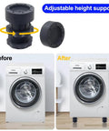 Heavy Duty Adjustable Leveling Feet For Washers Dryers And Fridges With Grippy Rubber Pads That Shut Out Moisture Guard Floors And Make Quick Tidy Ups A Total Breeze Solid Four Pack showing before and after leveling effect.